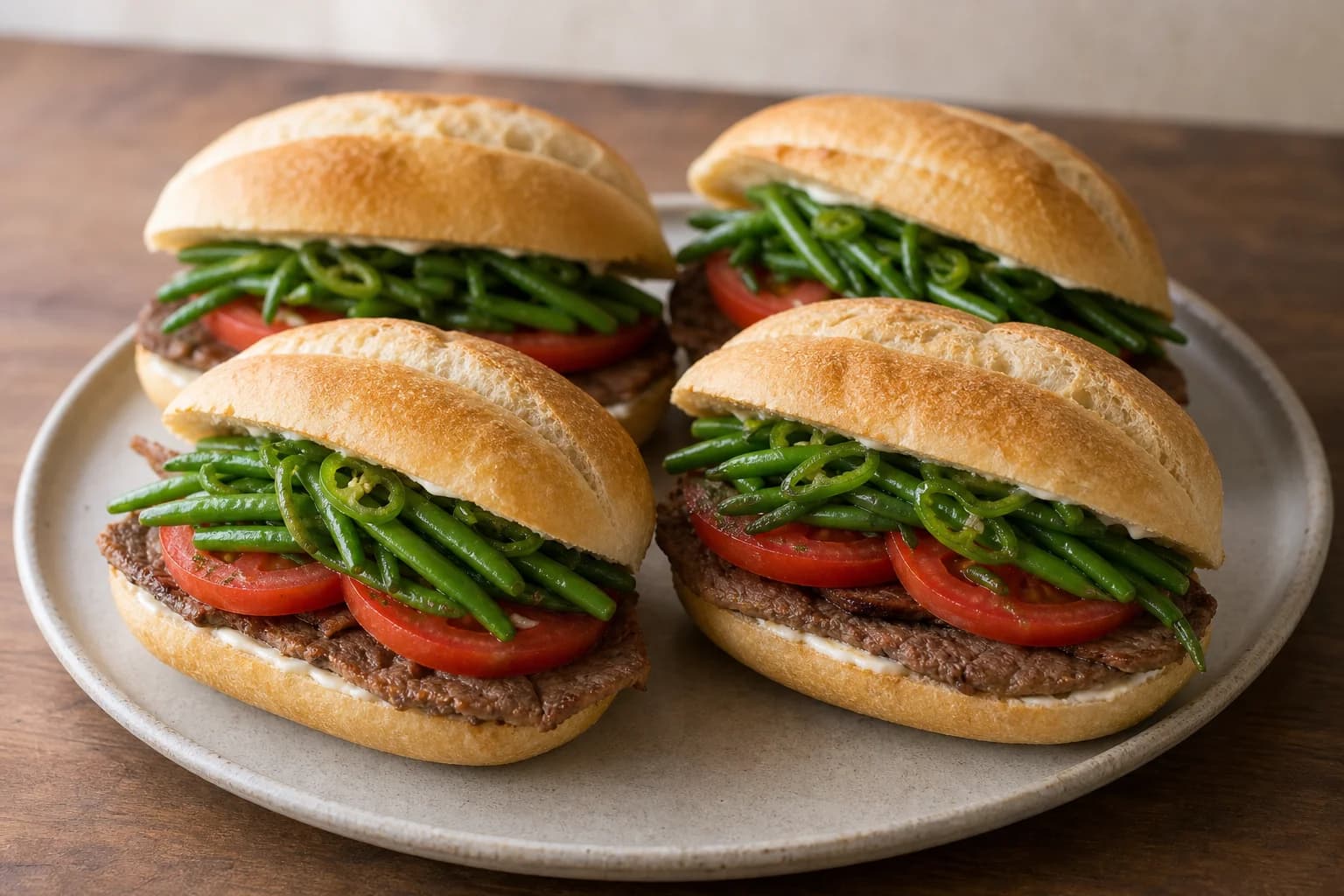 Chilean chacarero sandwiches with thin seared beef, bright green beans, tomato, green chile, and restrained mayonnaise in crisp rolls.