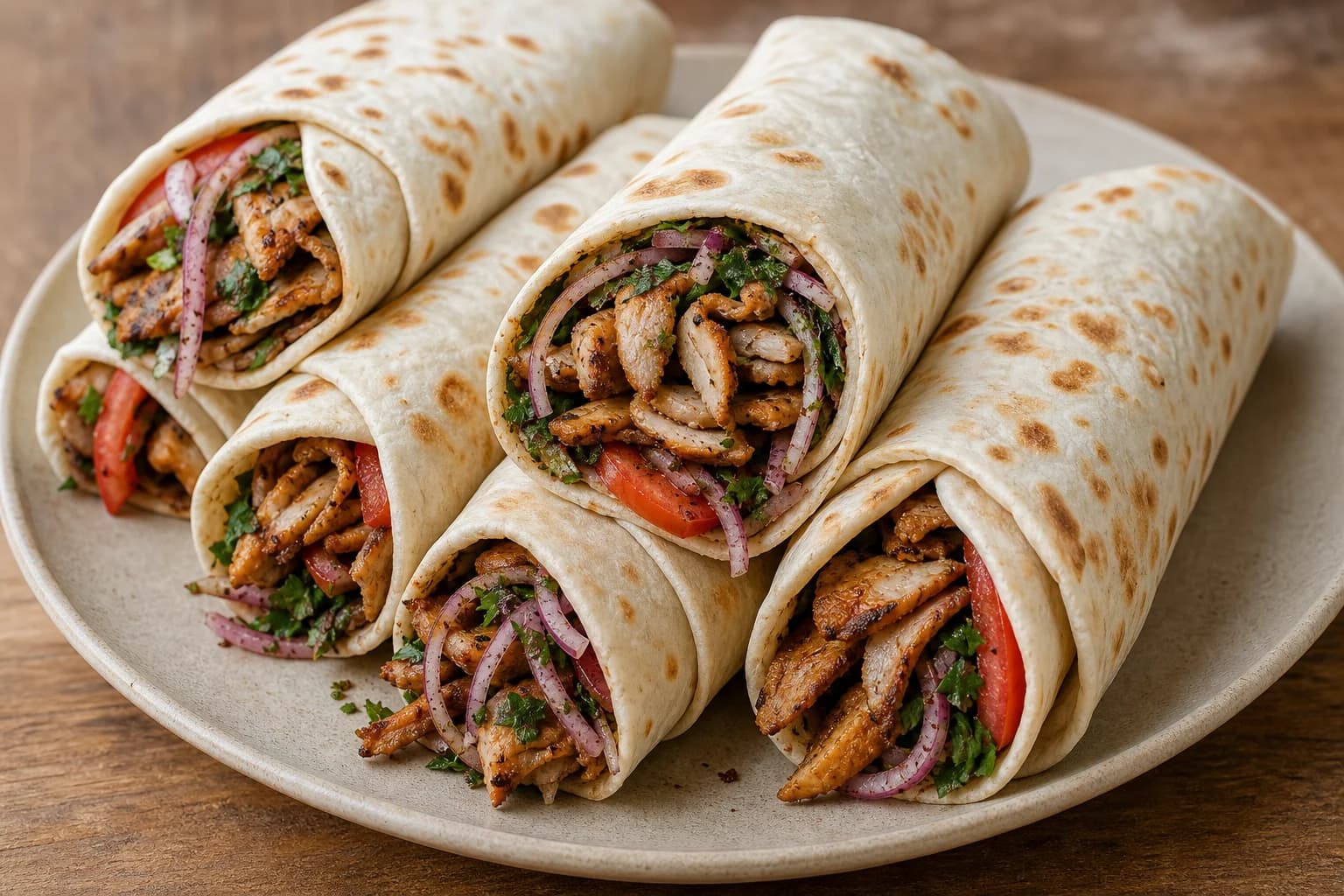 Turkish chicken döner dürüm with thin browned chicken, lavash, tomato, parsley, and sumac onion.