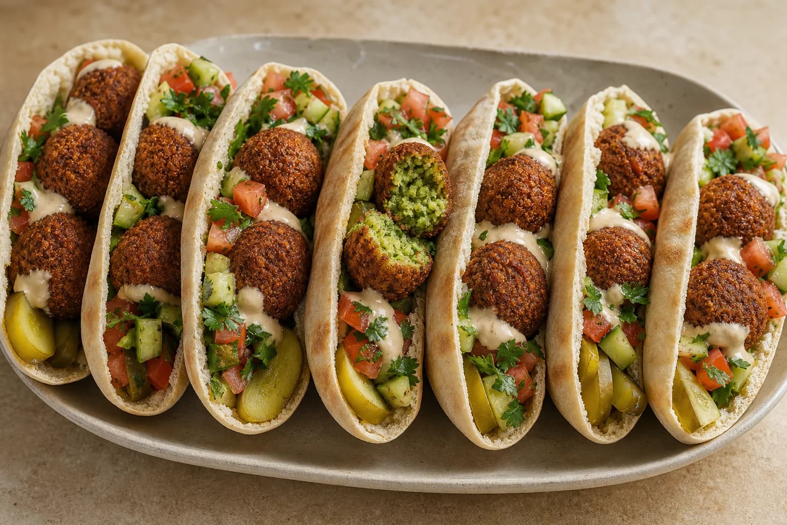 Lebanese-style falafel pitas with crisp green-centered chickpea patties, tomato-cucumber salad, pickles, and tahini.