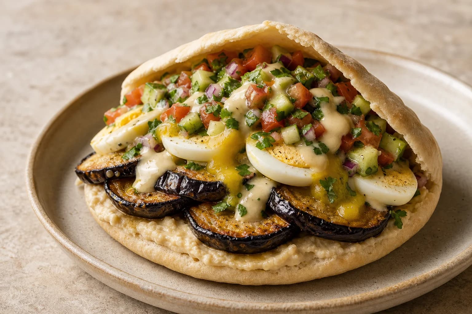 Sabich pita with hummus, fried eggplant, egg, chopped salad, tahini, and amba.