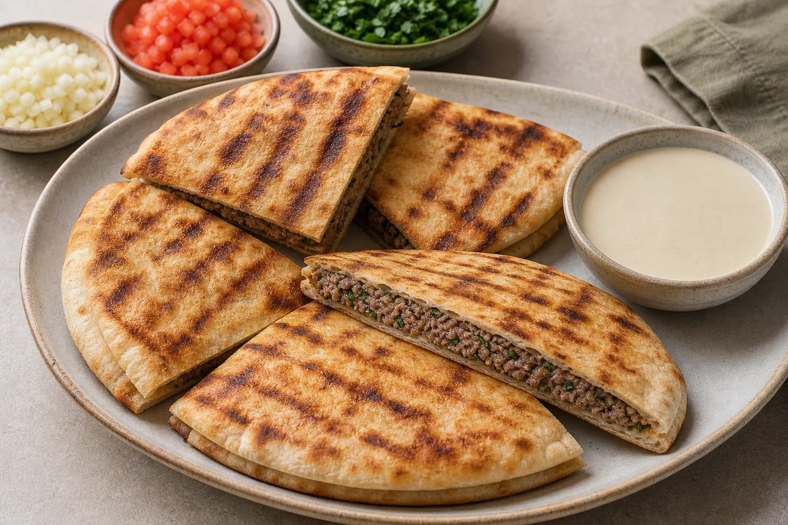 Lebanese beef arayes cut into crisp pita wedges with thin spiced kafta filling and tahini alongside.