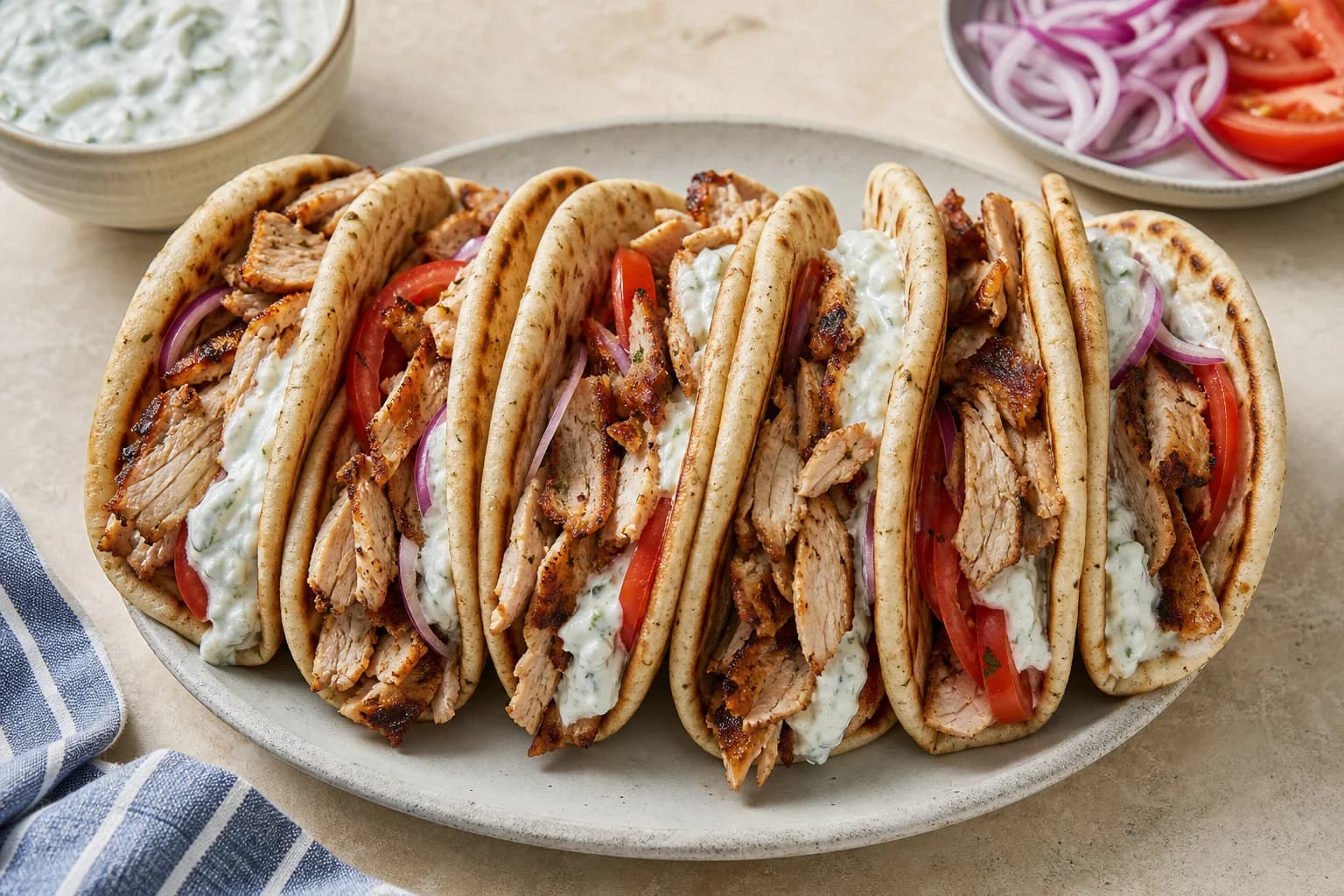Greek chicken gyro pitas with shaved crisp-edged chicken, thick tzatziki, tomato, and red onion.