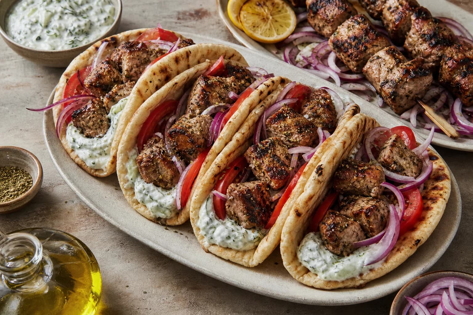 Greek pork souvlaki pitas with deeply browned pork cubes, tzatziki, tomato, red onion, and oregano.