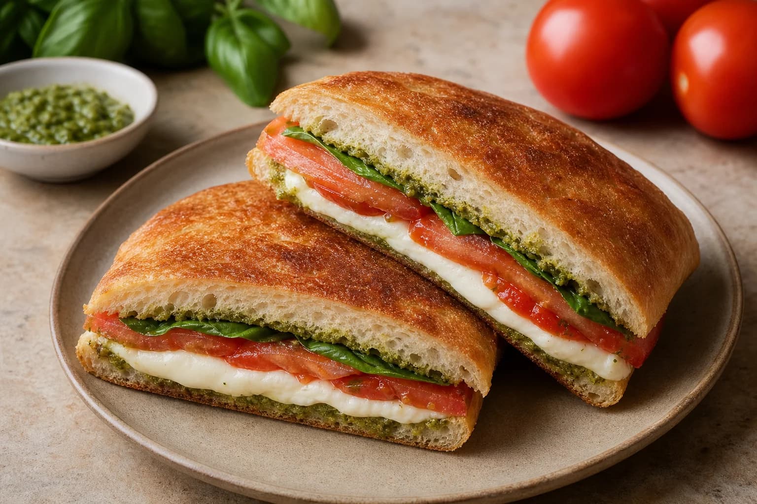 Caprese panini with crisp ciabatta, fresh mozzarella, blotted tomato, basil leaves, and restrained pesto.