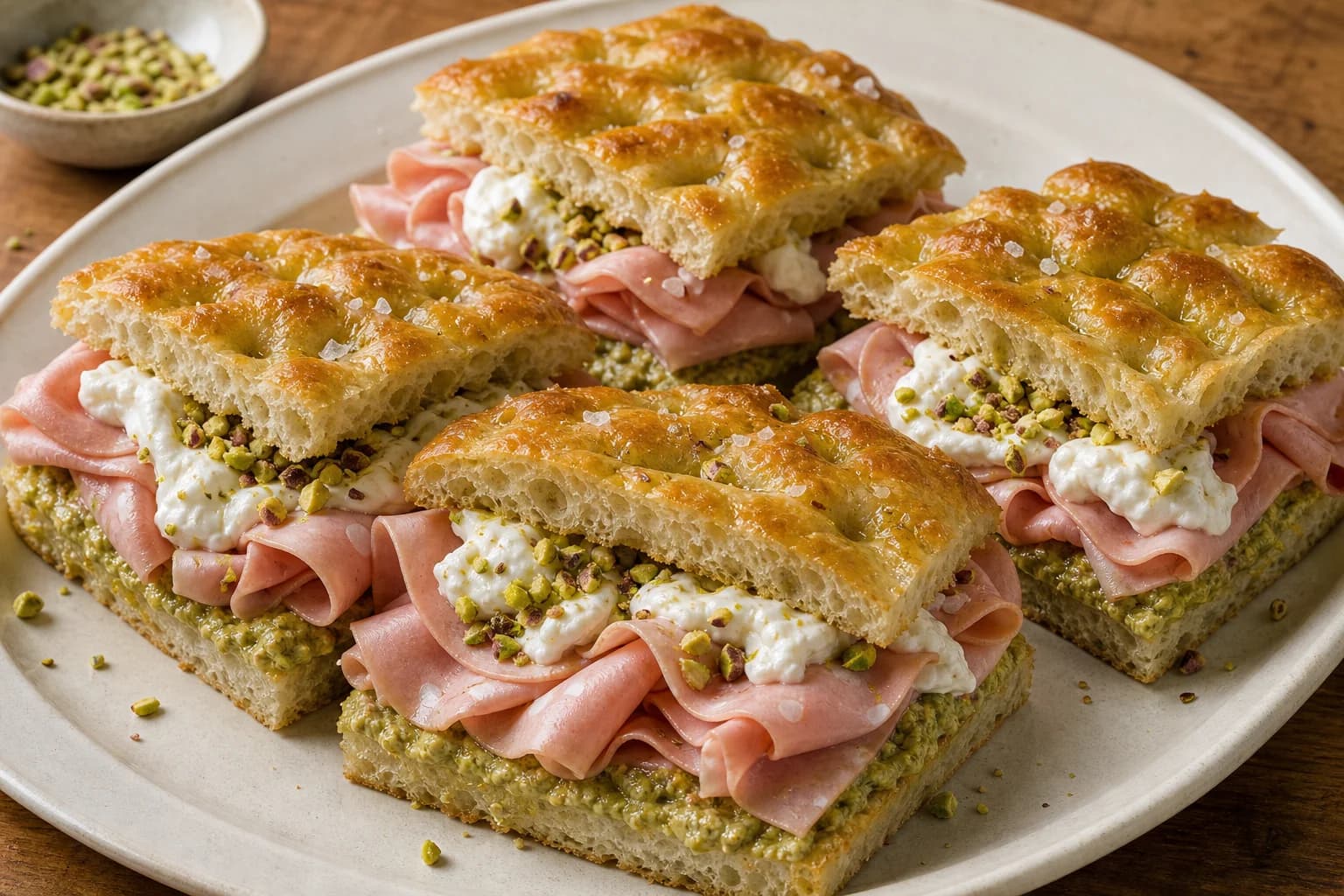 Italian focaccia sandwiches with tissue-thin mortadella, burrata, savory pistachio cream, and chopped pistachios.