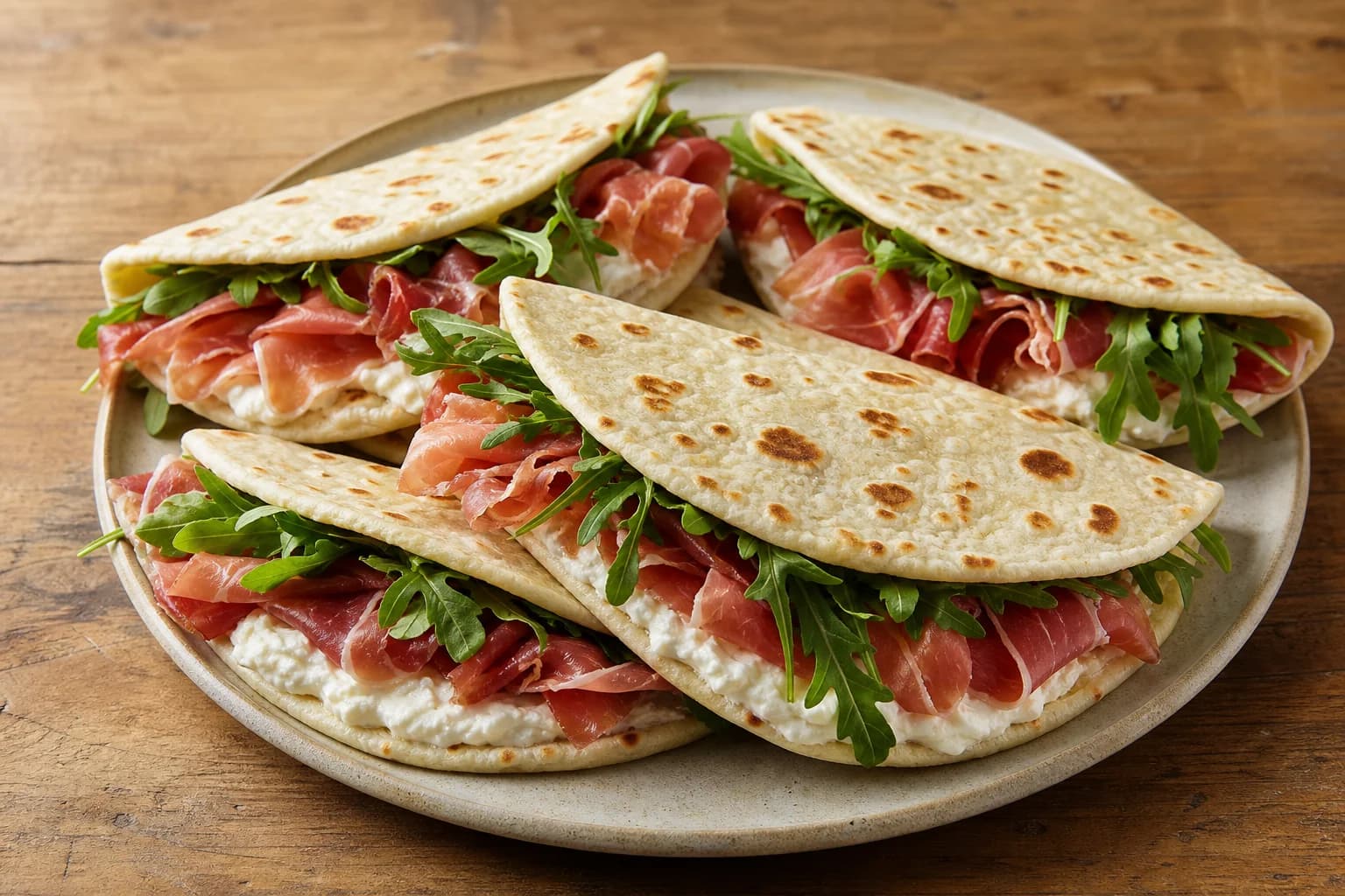 Piadina romagnola folded around squacquerone, paper-thin prosciutto crudo, and arugula.