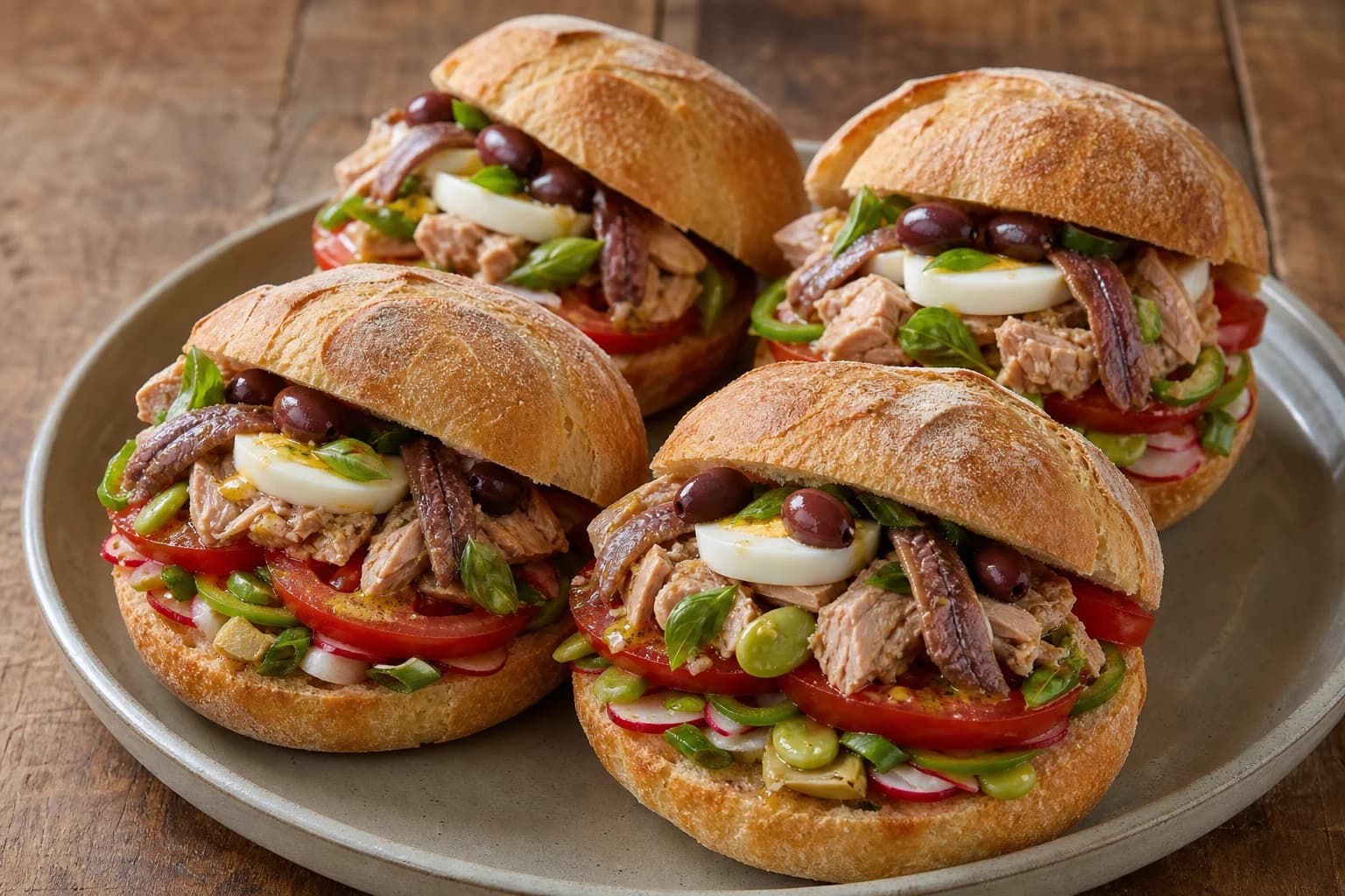 Niçois pan bagnat with tomato-soaked rolls, tuna, anchovy, egg, raw vegetables, olives, and basil.