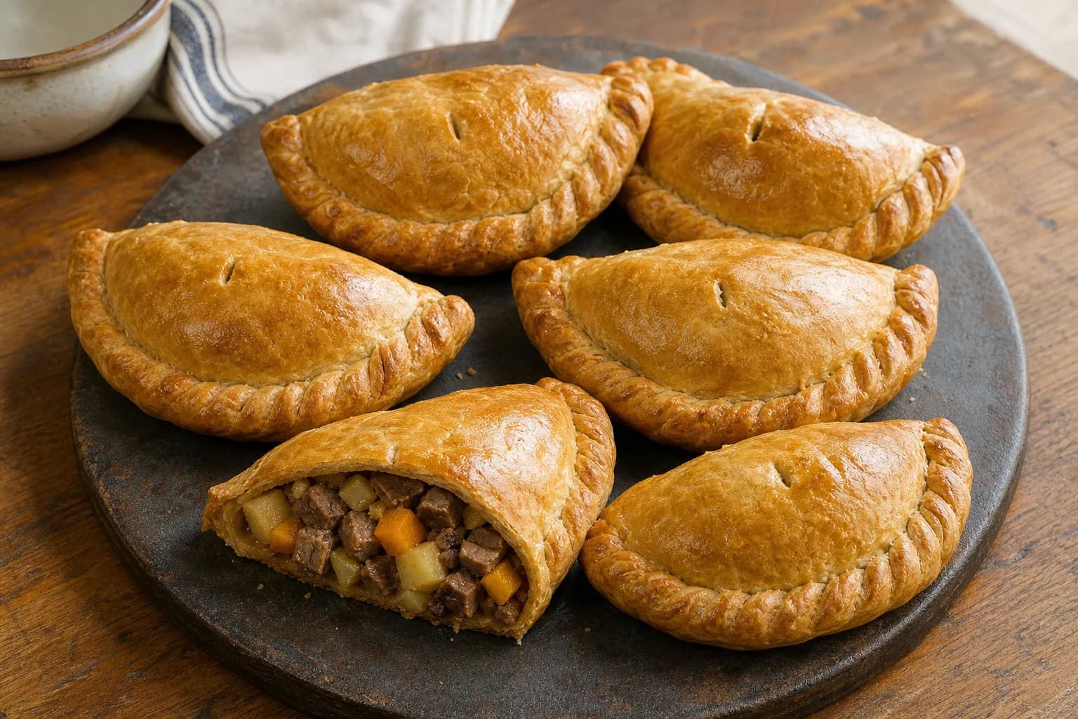 Cornish-style pasties with golden D-shaped pastry, side crimps, and diced beef, potato, swede, and onion filling.