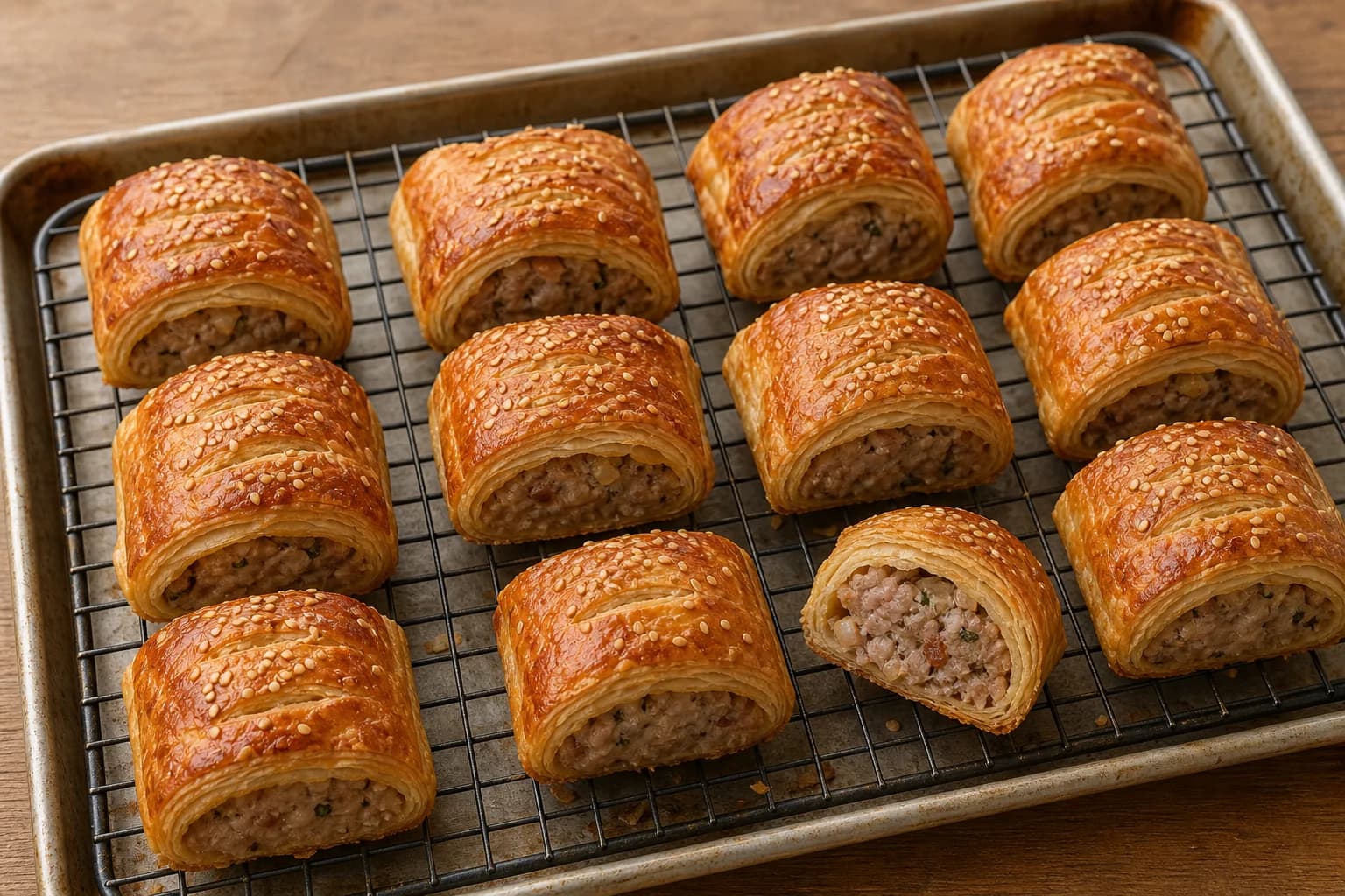 British sausage rolls with deeply browned rough-puff pastry, pork-sage filling, and sesame-topped scored crusts.