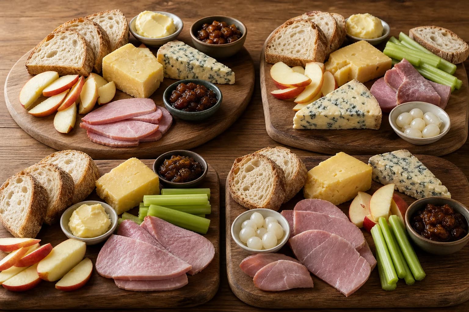 British ploughman’s lunch boards with mature Cheddar, Stilton, farmhouse bread, butter, pickle, pickled onions, apple, celery, and ham.