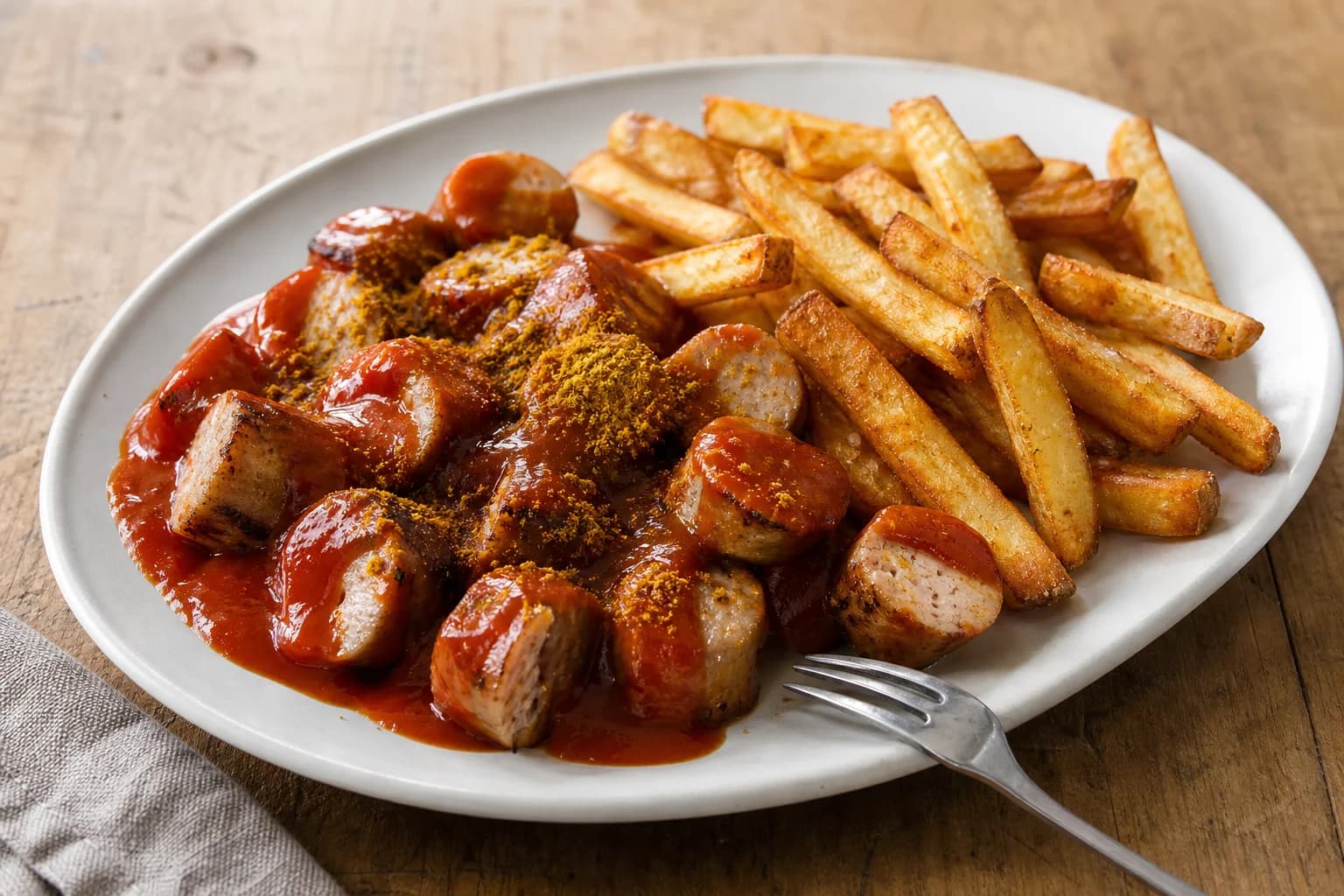 Berlin-style currywurst plate with sliced browned sausage, glossy curry-tomato sauce, curry powder, and crisp fries.