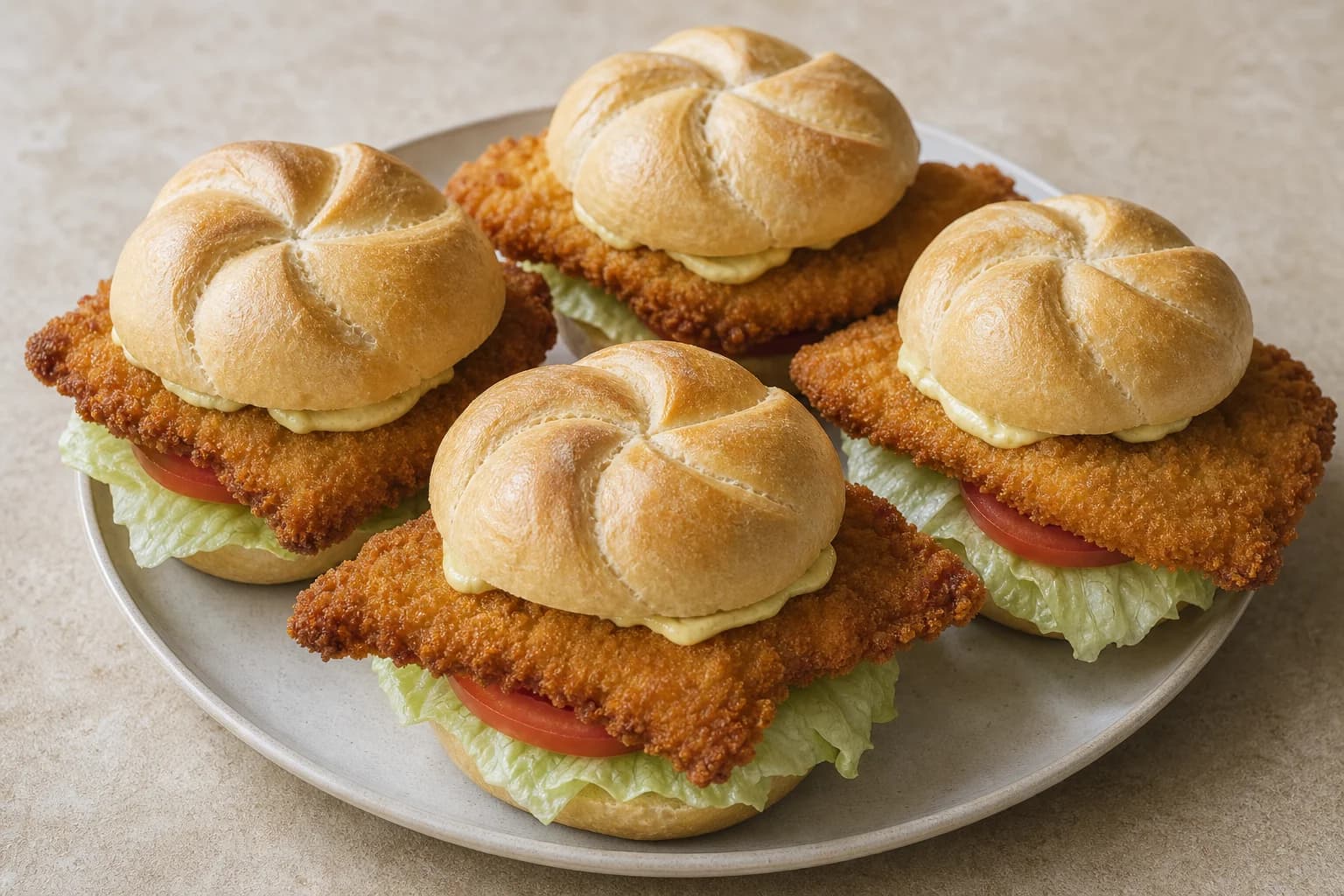 Austrian pork schnitzel sandwiches with puffed golden cutlets, Kaiser rolls, dry lettuce, tomato, and restrained mustard mayonnaise.