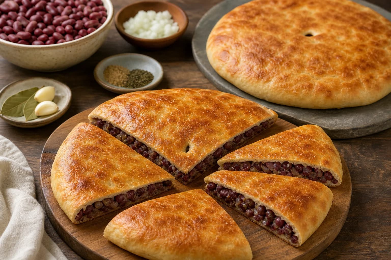 Georgian lobiani bean breads with browned rounds, buttered crusts, and textured red-kidney-bean filling.
