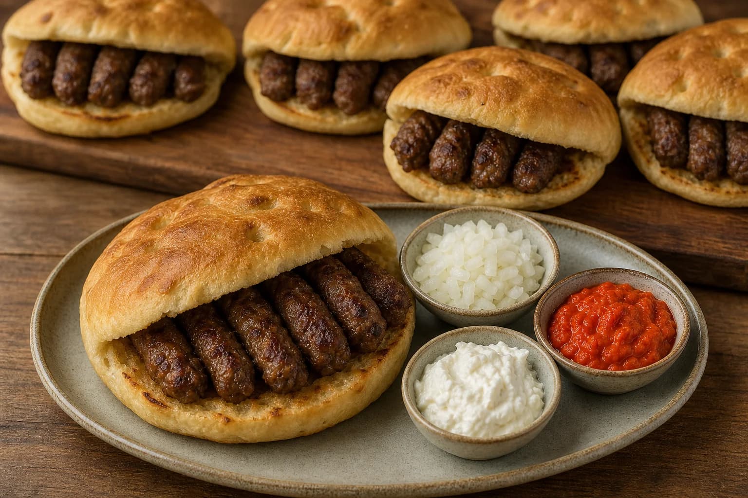 Bosnian-leaning ćevapi in lepinja with grilled beef-lamb fingers, raw onion, ajvar, and kajmak served separately.