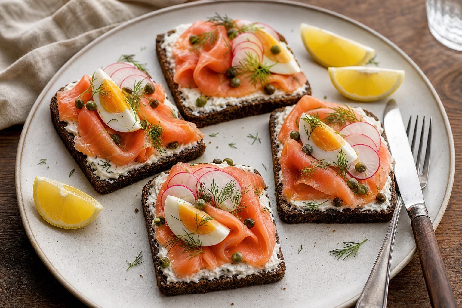 Danish smoked-salmon smørrebrød with buttered rugbrød, horseradish cream, egg, radish, capers, dill, and lemon.