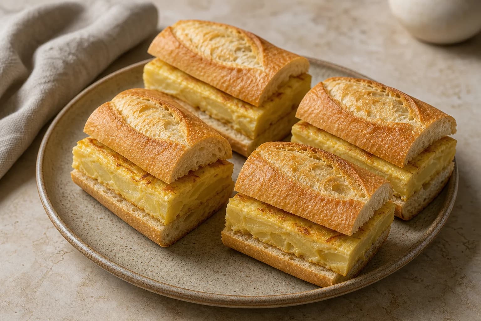 Spanish tortilla bocadillos with crusty baguette and thick wedges of tender potato-onion omelet.