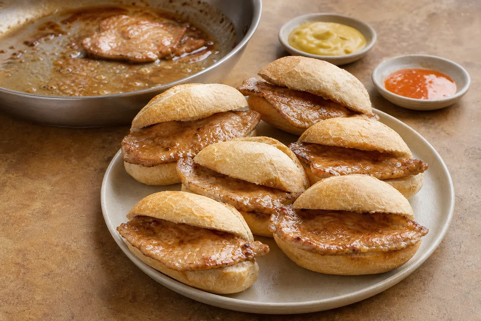 Vendas Novas-style Portuguese bifanas with paper-thin pork in crusty rolls moistened with garlic-wine pan juices.