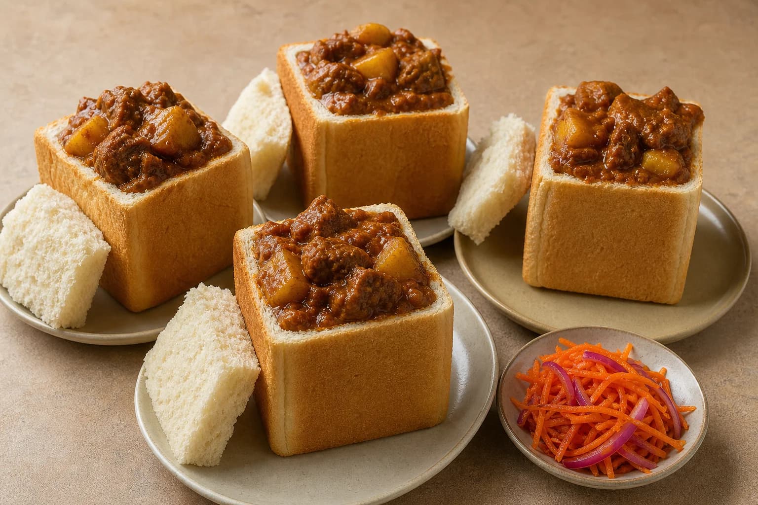 Durban lamb bunny chow in hollowed white-loaf quarters with thick lamb-potato curry, bread plugs, and carrot sambal.
