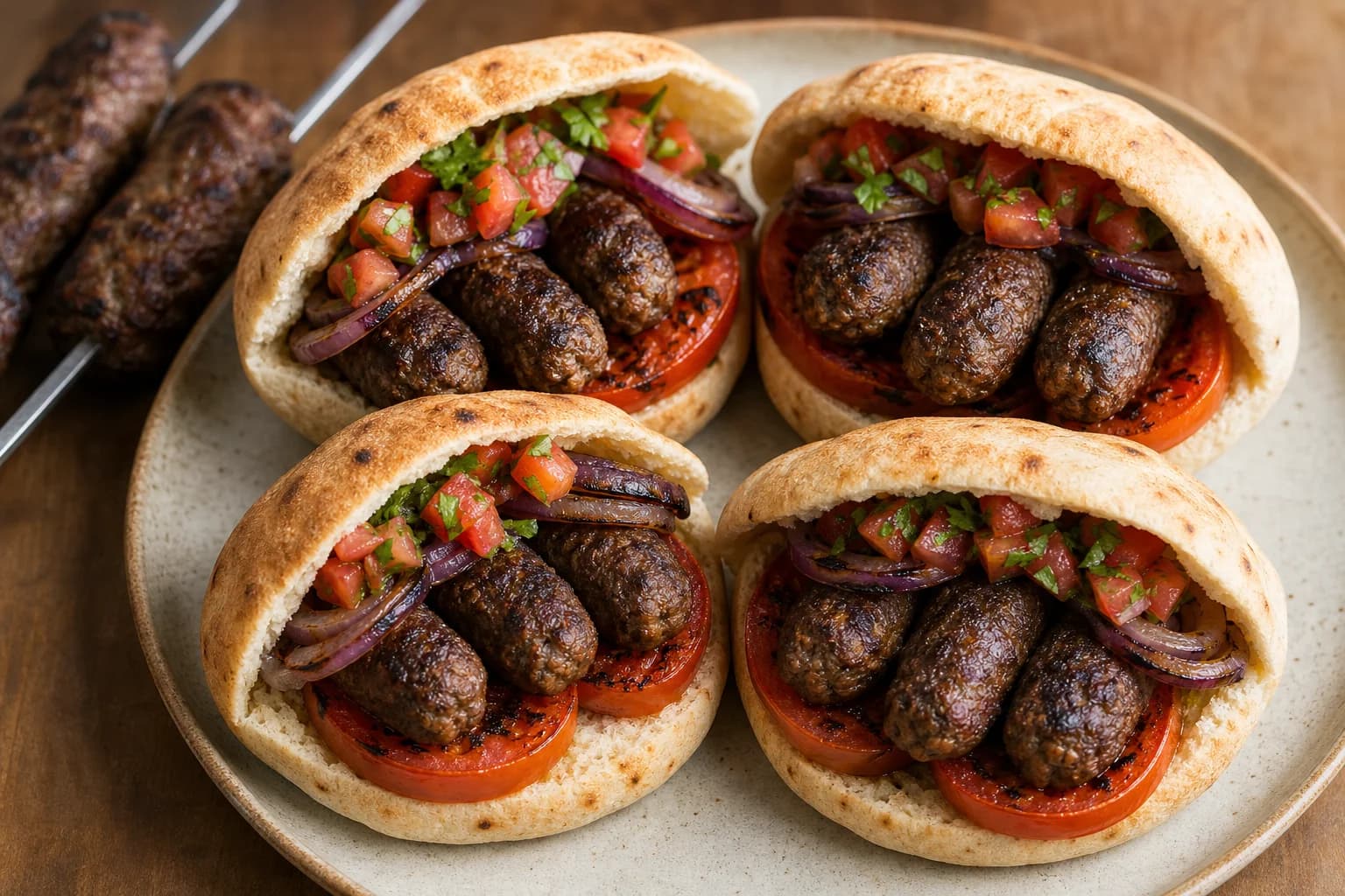 Moroccan kefta sandwiches in khobz with grilled beef-lamb logs, grilled tomato and onion, and fresh tomato-cilantro salad.