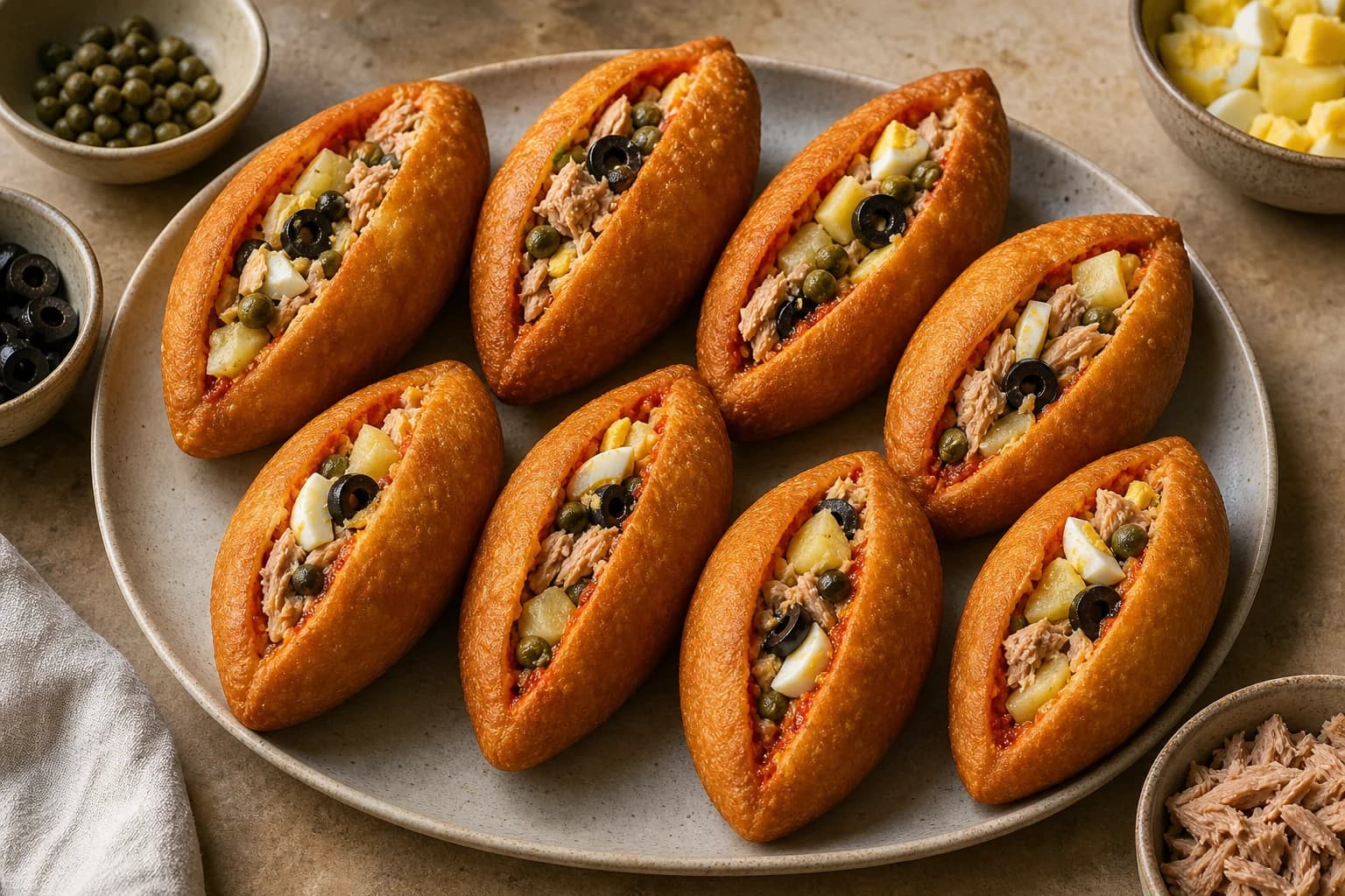 Tunisian fricassé sandwiches with fried oval rolls, harissa, tuna, potato, egg, olives, capers, and preserved lemon.