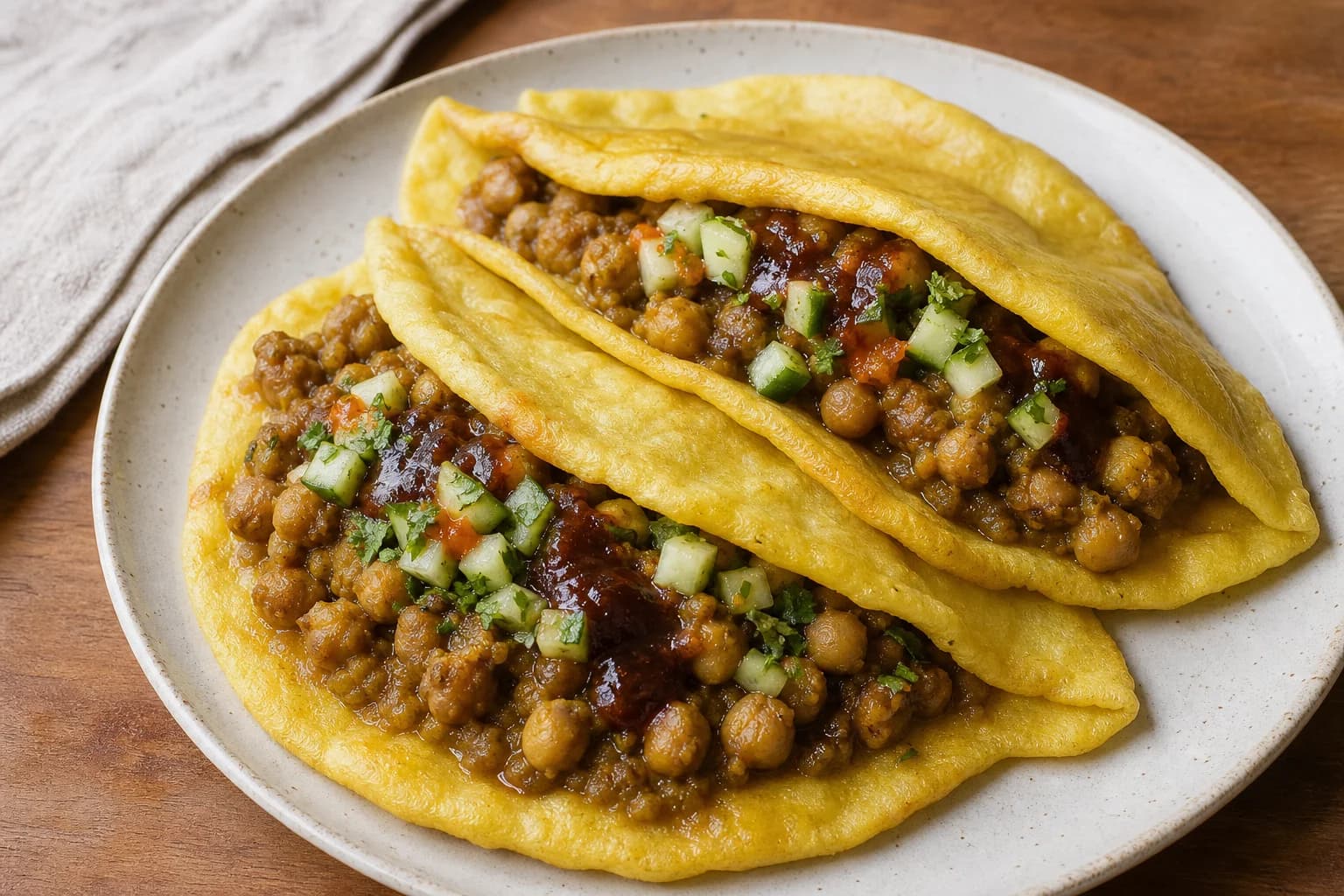 Trinidadian doubles with two soft bara, loose curried channa, tamarind, cucumber-chadon-beni relish, and pepper sauce.
