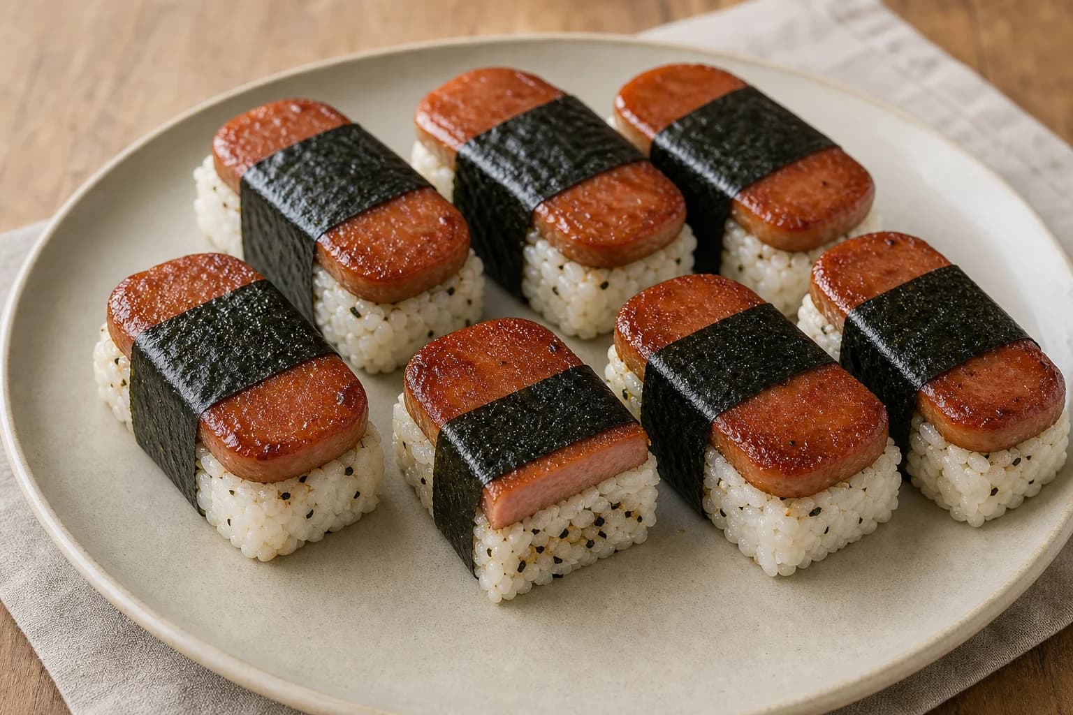 Hawaiʻi Spam musubi with glazed browned Spam, compact furikake rice, and snug nori strips.
