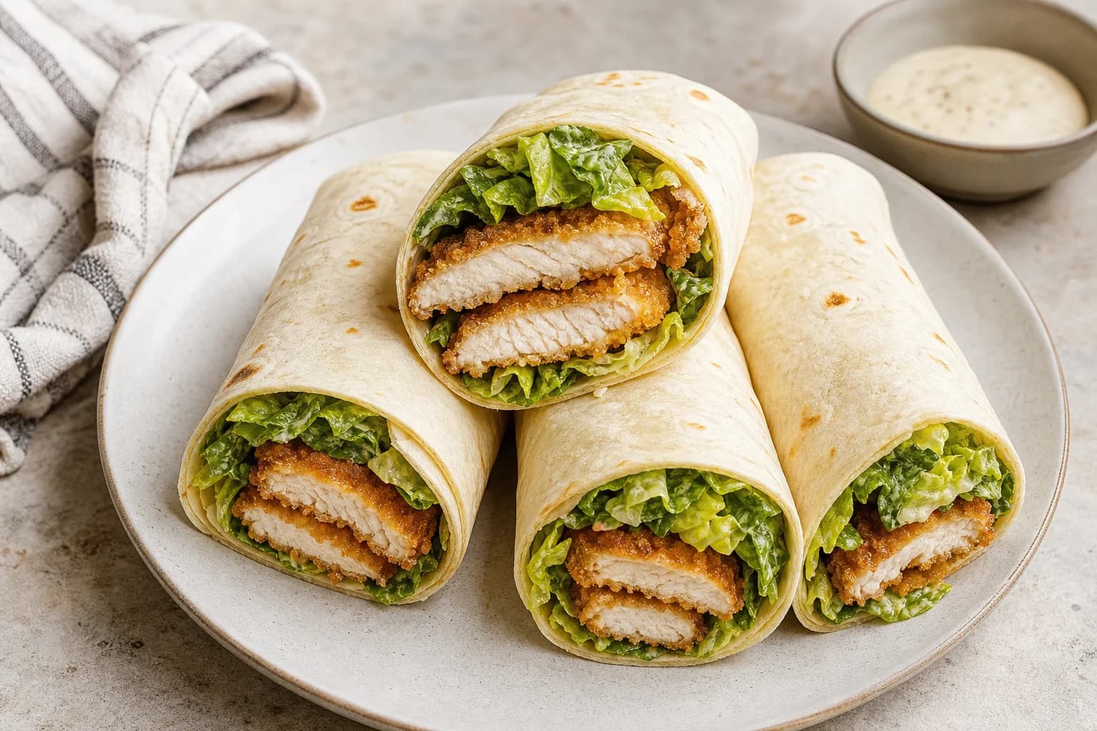 Crispy chicken Caesar wraps with golden panko chicken, cold lightly dressed romaine, Parmesan, and anchovy-garlic dressing.