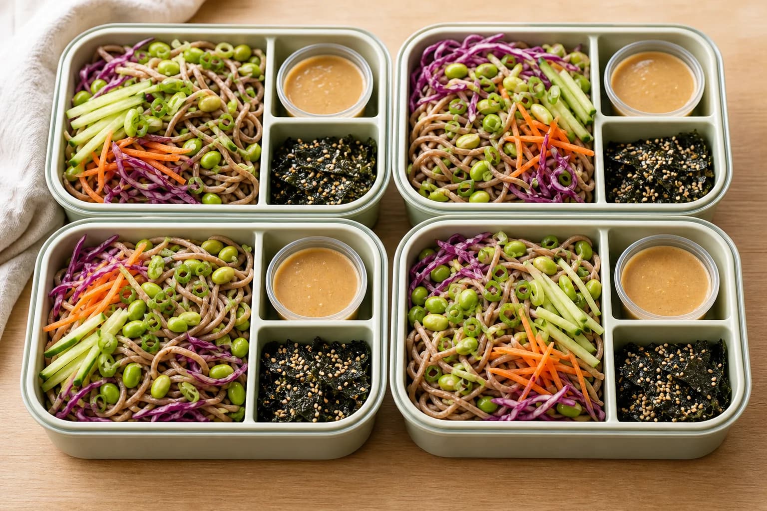 Sesame soba lunch boxes with cold buckwheat noodles, edamame, cabbage, cucumber, carrot, scallions, and separate nori-sesame crunch.