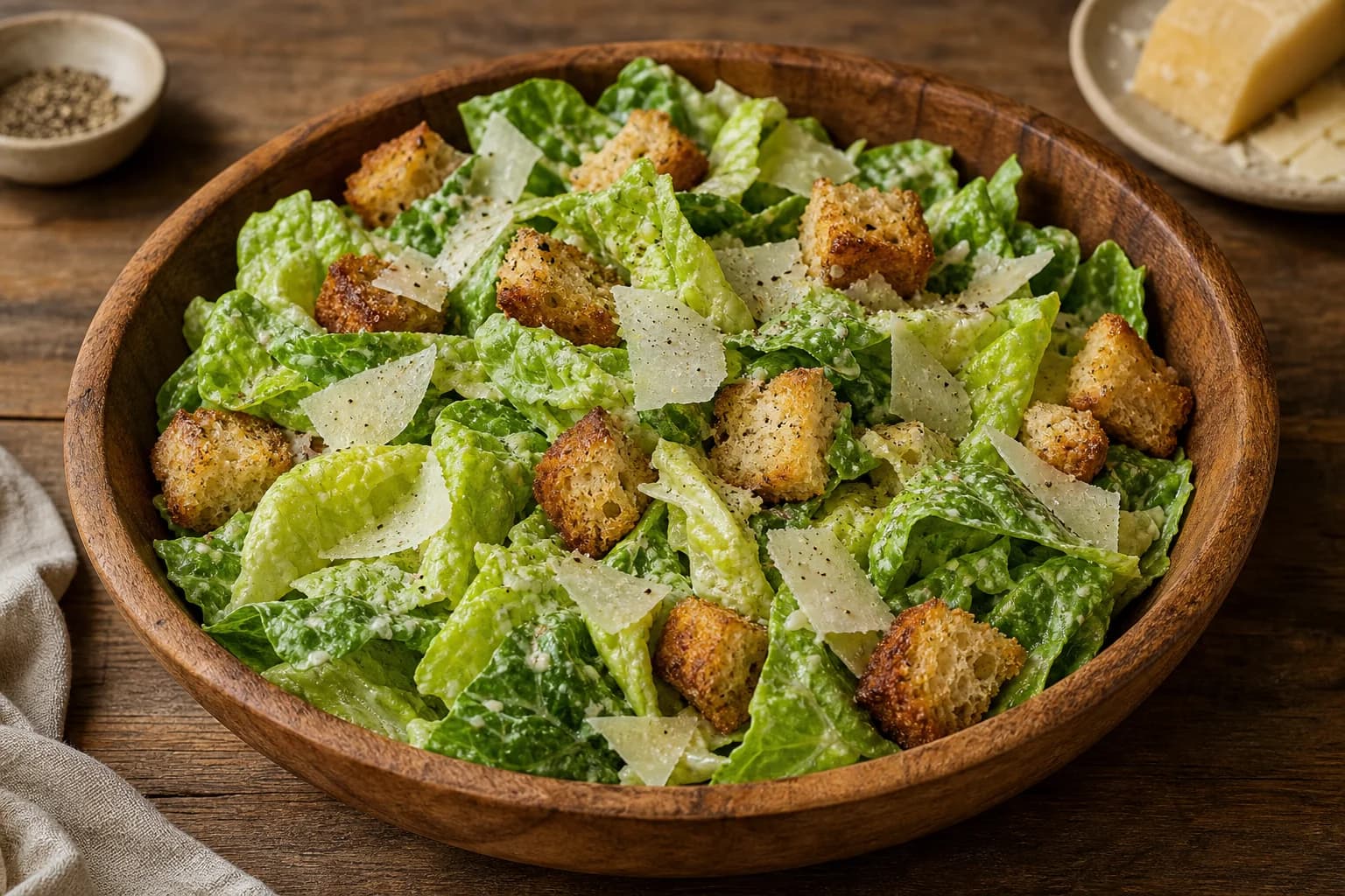 Classic Caesar salad with dry romaine, glossy anchovy dressing, deeply golden croutons, shaved Parmesan, and black pepper.