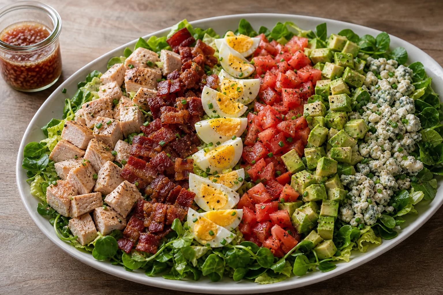 Classic Cobb salad with lightly dressed greens and distinct rows of chicken, bacon, egg, tomato, avocado, and blue cheese.