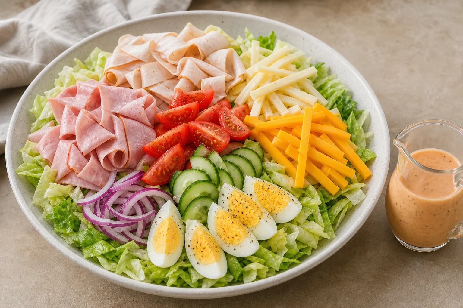 Classic American chef salad with cold iceberg-romaine, ham, turkey, Cheddar, Swiss, cucumber, tomato, onion, eggs, and Thousand Island.