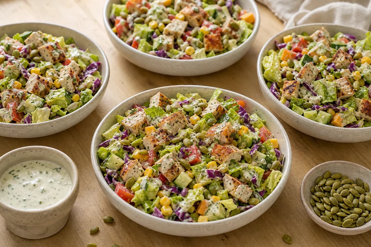 Chicken ranch chopped salad with diced chicken, romaine, cabbage, corn, cucumber, tomato, Cheddar, pepitas, and herb ranch.