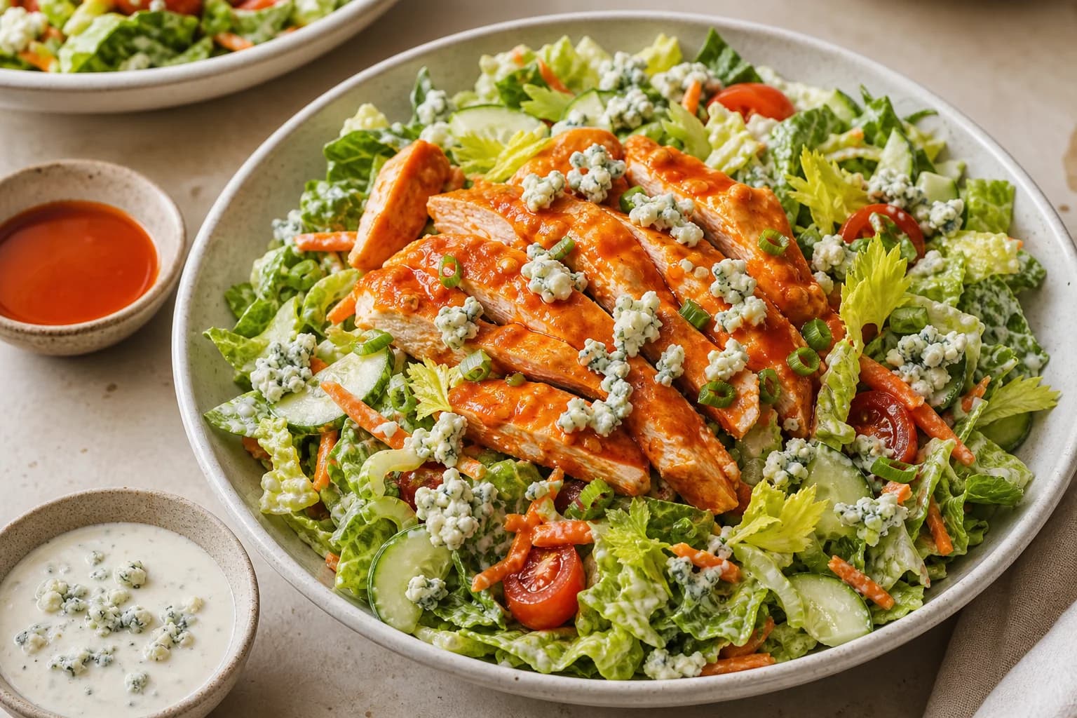 Buffalo chicken salad with warm hot-sauce chicken, crisp romaine, celery, carrots, cucumber, tomato, scallions, and chunky blue-cheese dressing.