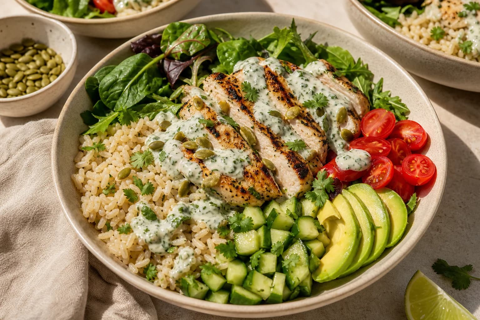 California-style grilled chicken avocado bowls with brown rice, greens, cucumber, tomato, avocado, pepitas, and cilantro-lime yogurt.
