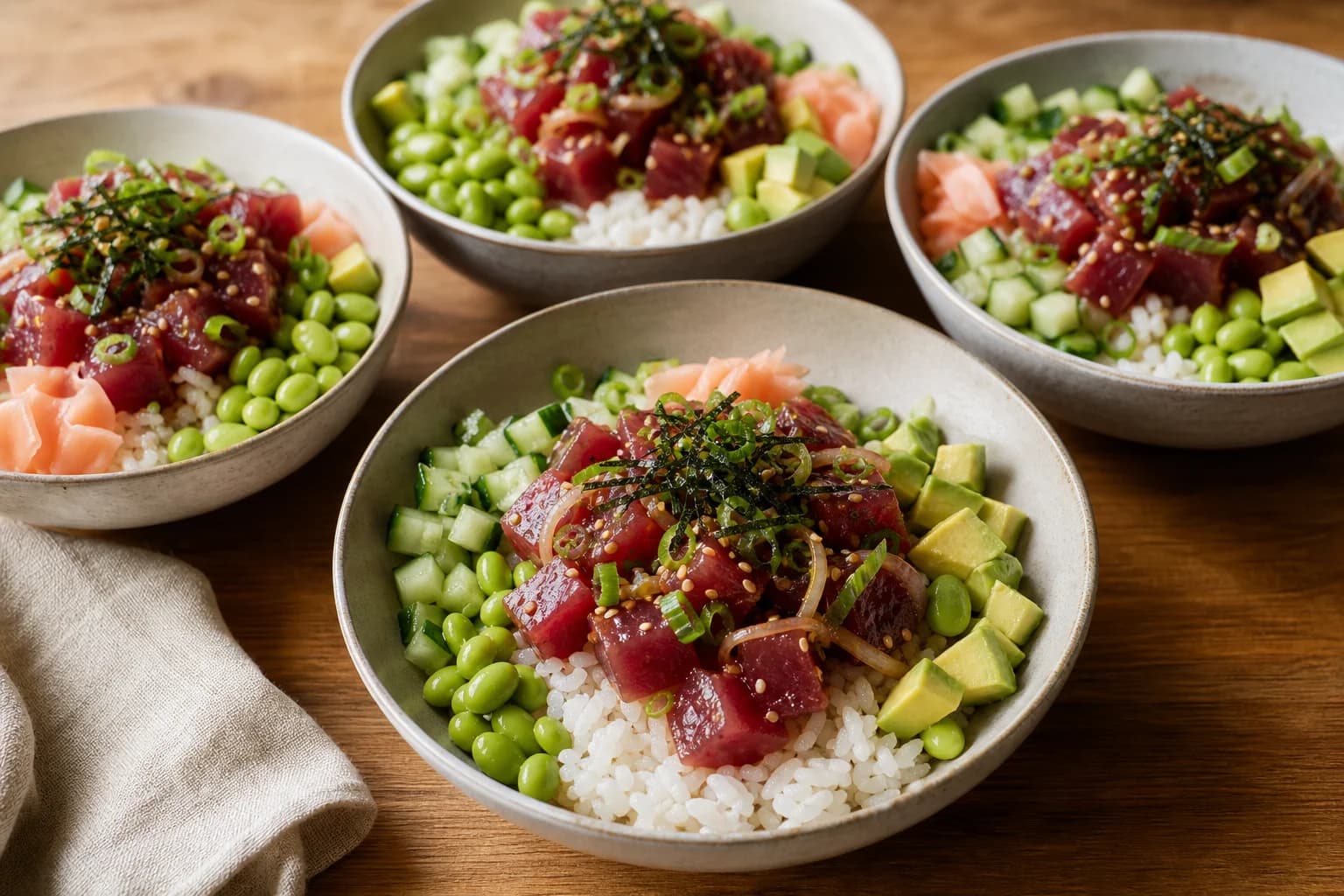Hawaiian ahi poke bowls with simple shoyu-sesame tuna, warm rice, cucumber, avocado, edamame, nori, scallions, and ginger.