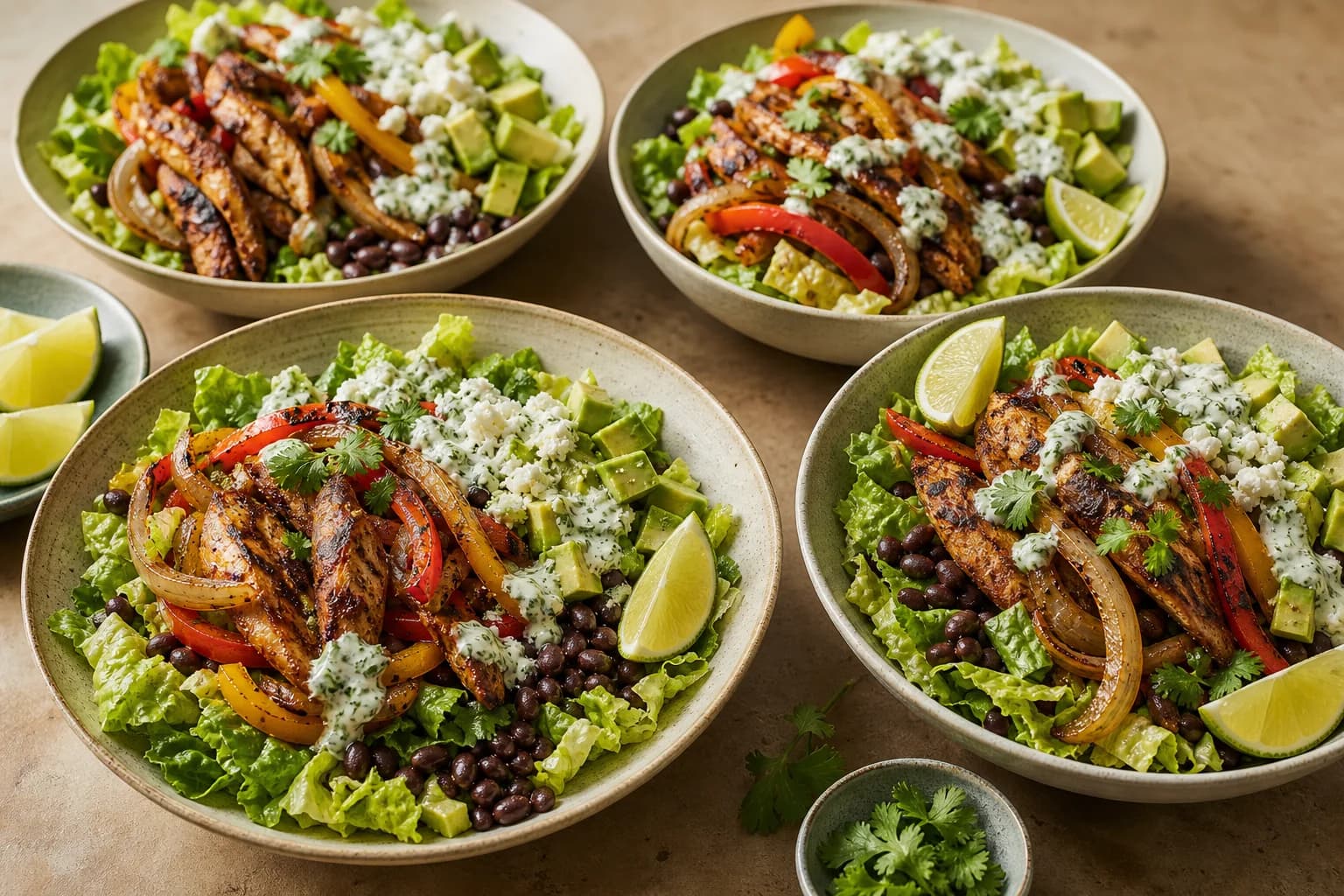 Chicken fajita salad with charred chicken, peppers, onions, romaine, black beans, avocado, queso fresco, and cilantro-lime yogurt.