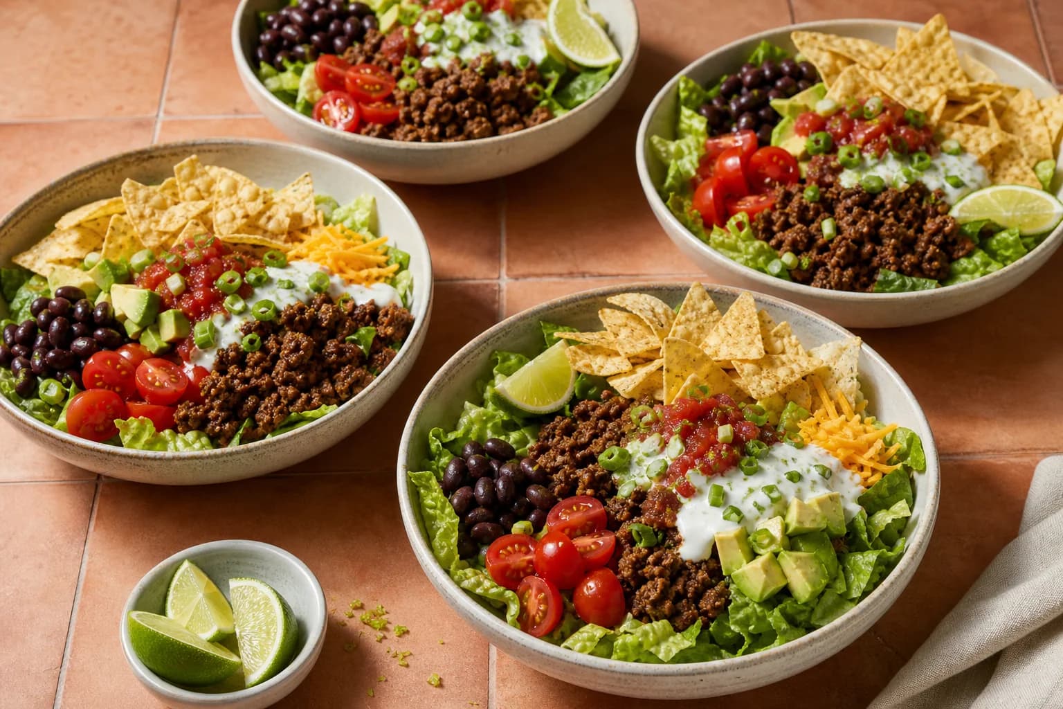 Ground beef taco salad with romaine, warm seasoned beef, black beans, tomato, avocado, Cheddar, tortilla chips, salsa, and lime crema.