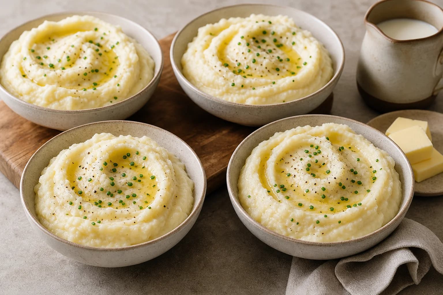 Creamy mashed potatoes with a light smooth texture, buttered swirls, and fresh chives.