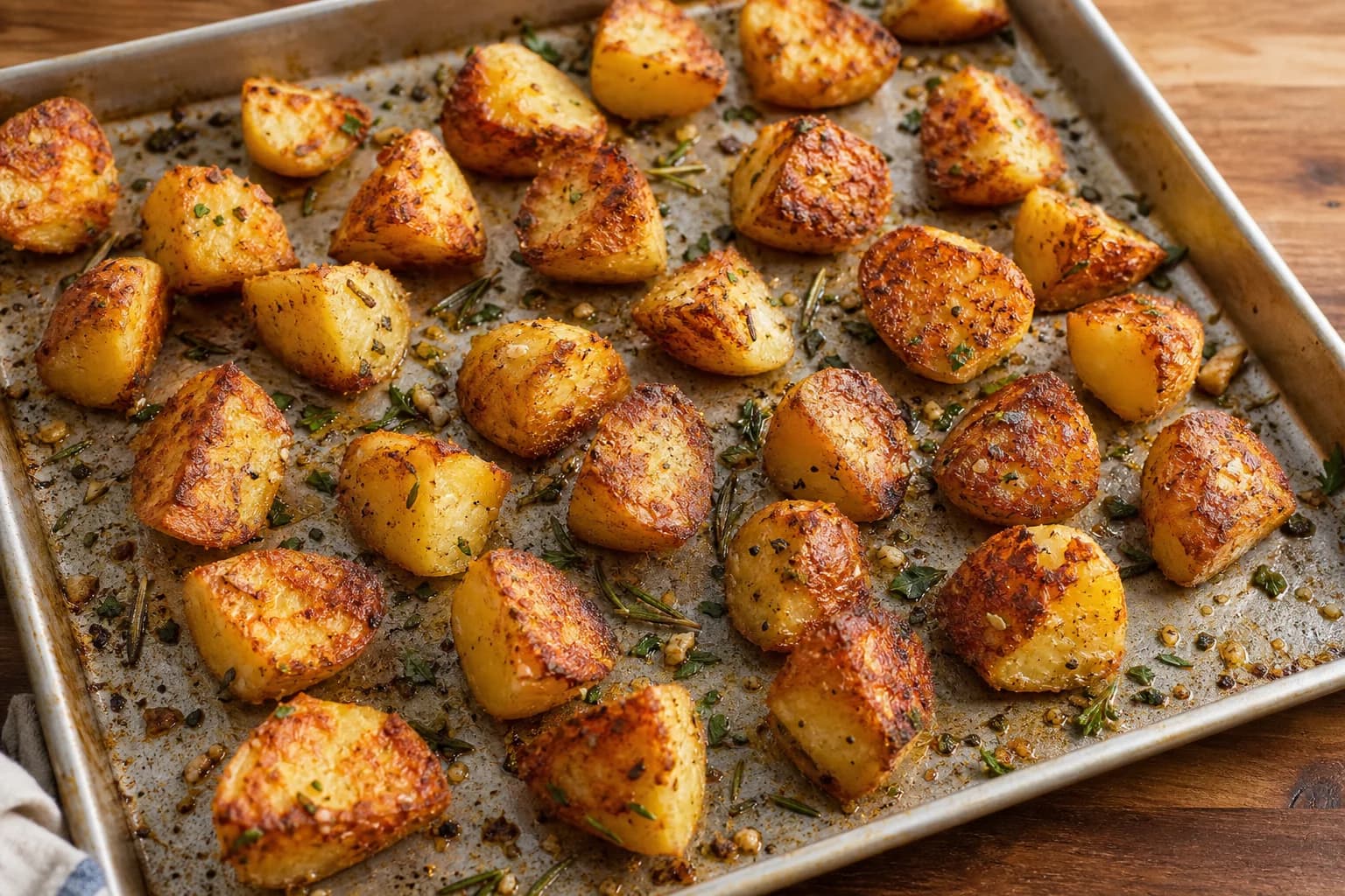 Deeply crisp roasted potato chunks with craggy golden edges, rosemary, garlic, and parsley.