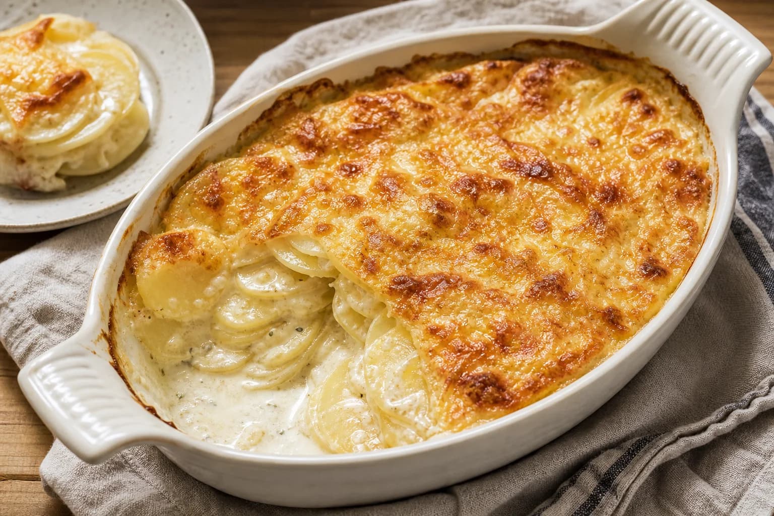Creamy scalloped potatoes with distinct tender layers, thick cream, and a deeply golden Gruyère top.