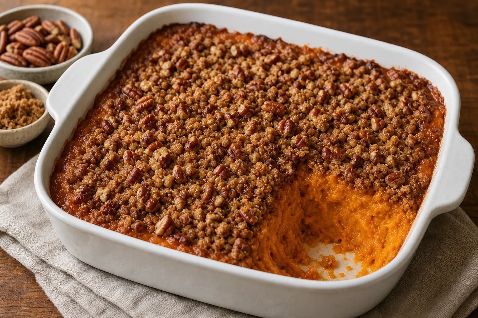 Sweet potato casserole with smooth orange filling and a crisp maple-pecan crumble.