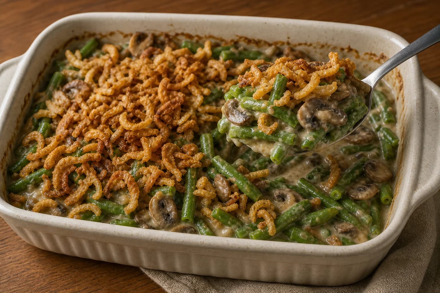 Classic green bean casserole with bright tender beans, mushroom cream sauce, and crisp golden fried onions.