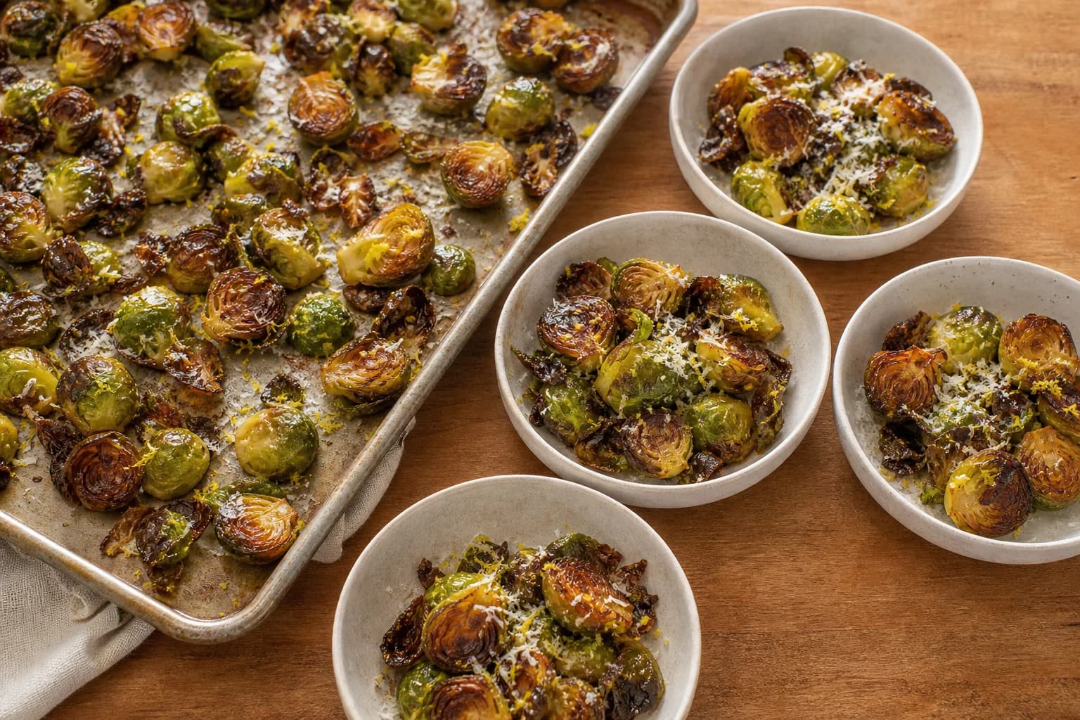 Crispy roasted Brussels sprouts with deeply browned cut sides, crisp leaves, lemon, garlic, and Parmesan.