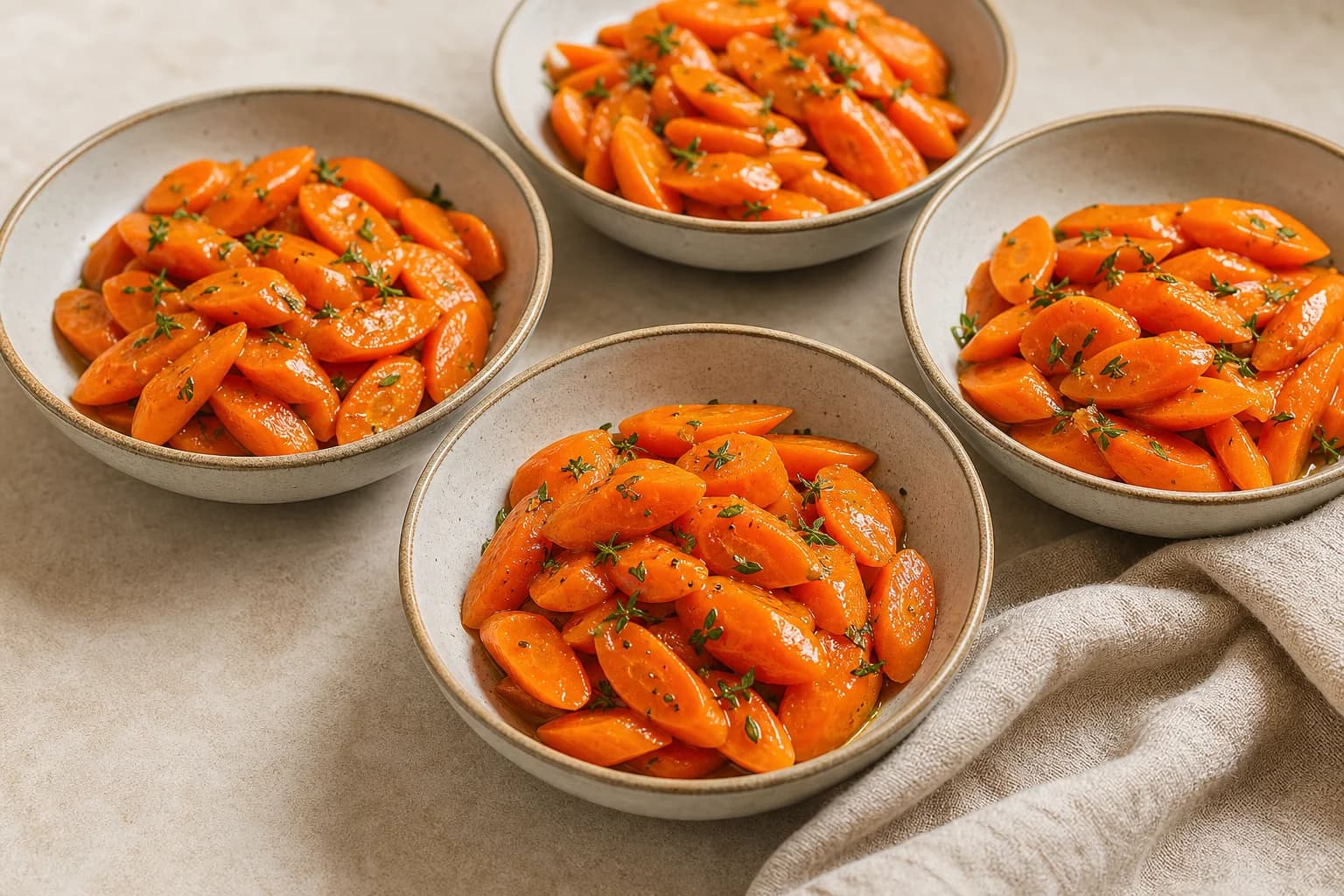 Honey-orange glazed carrots with a thin glossy coating and fresh thyme.