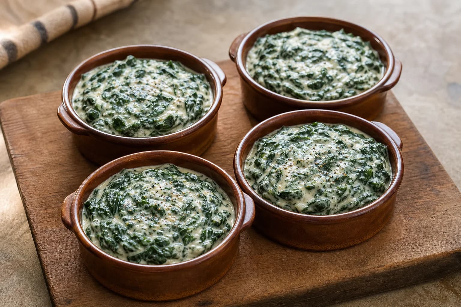 Steakhouse creamed spinach with recognizable leaves in a thick Parmesan cream sauce.