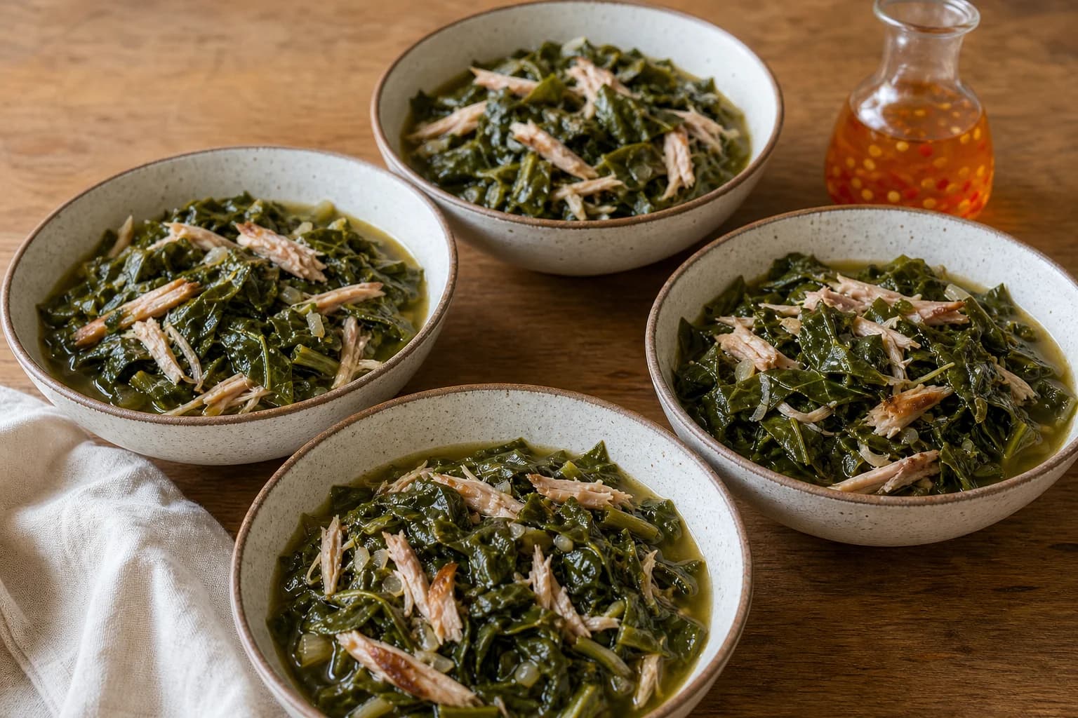 Southern collard greens with smoked turkey, silky leaves, and savory potlikker.