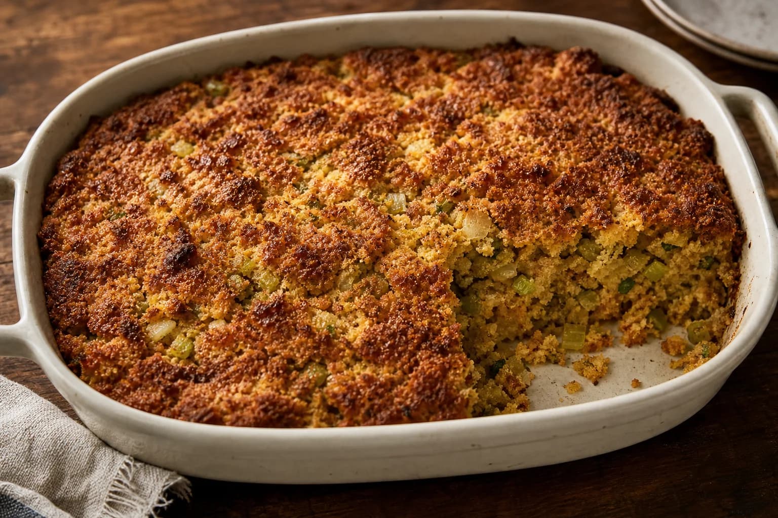 Southern cornbread dressing with a crisp browned top and moist herb-speckled interior.