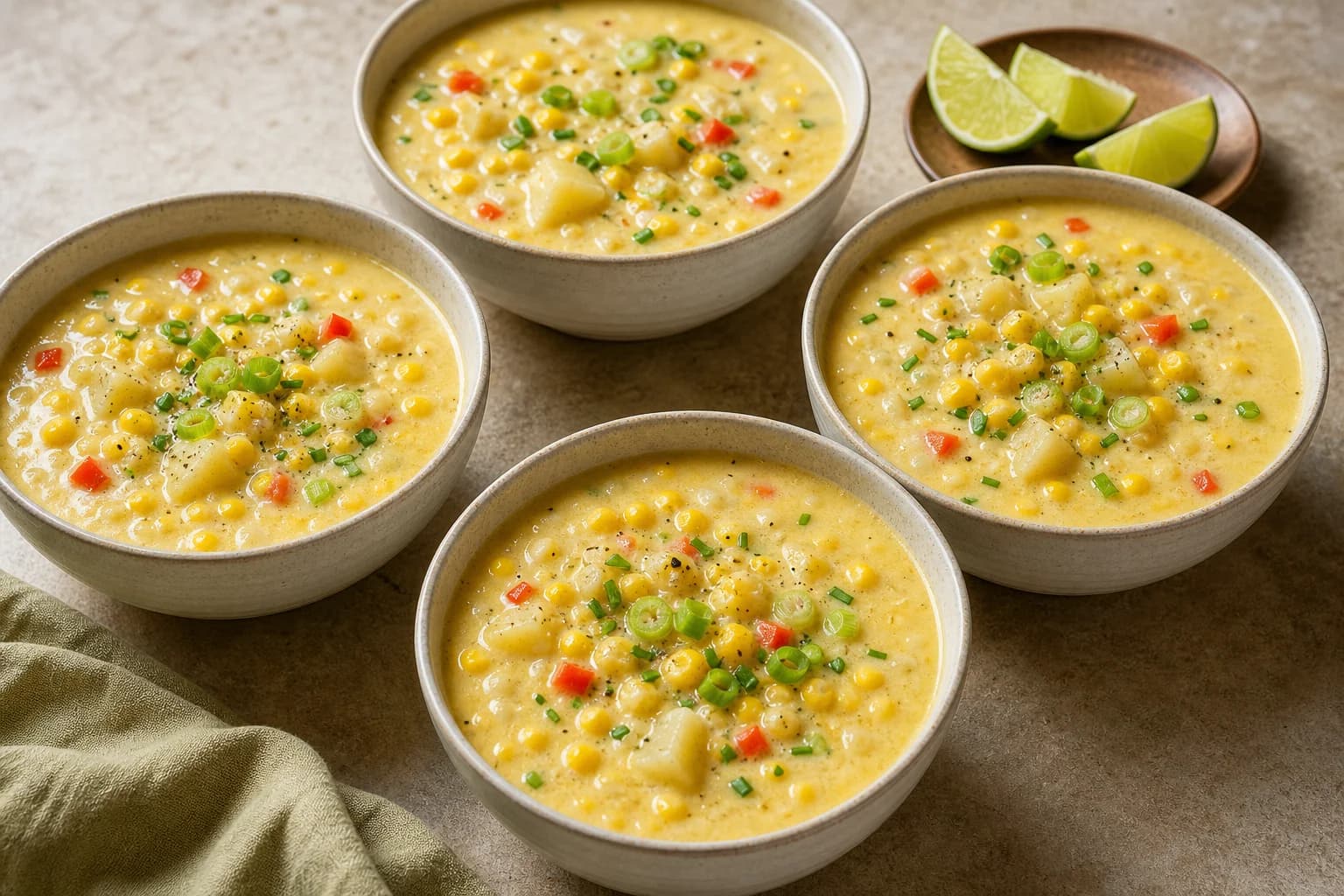 Sweet corn and potato chowder with whole kernels, tender potato, peppers, scallions, and chives.