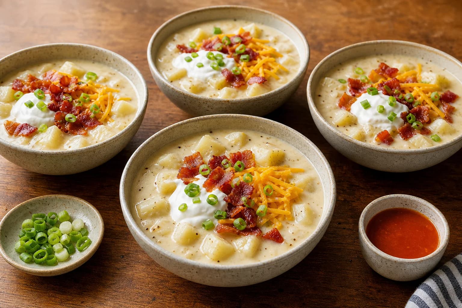Loaded baked potato soup with creamy potato base, cubes, bacon, cheddar, sour cream, and scallions.