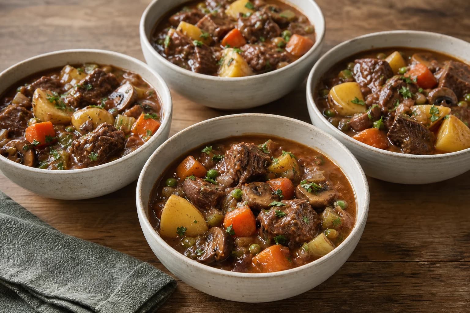 Vegetable beef stew with fork-tender beef, potatoes, carrots, mushrooms, peas, and glossy brown gravy.